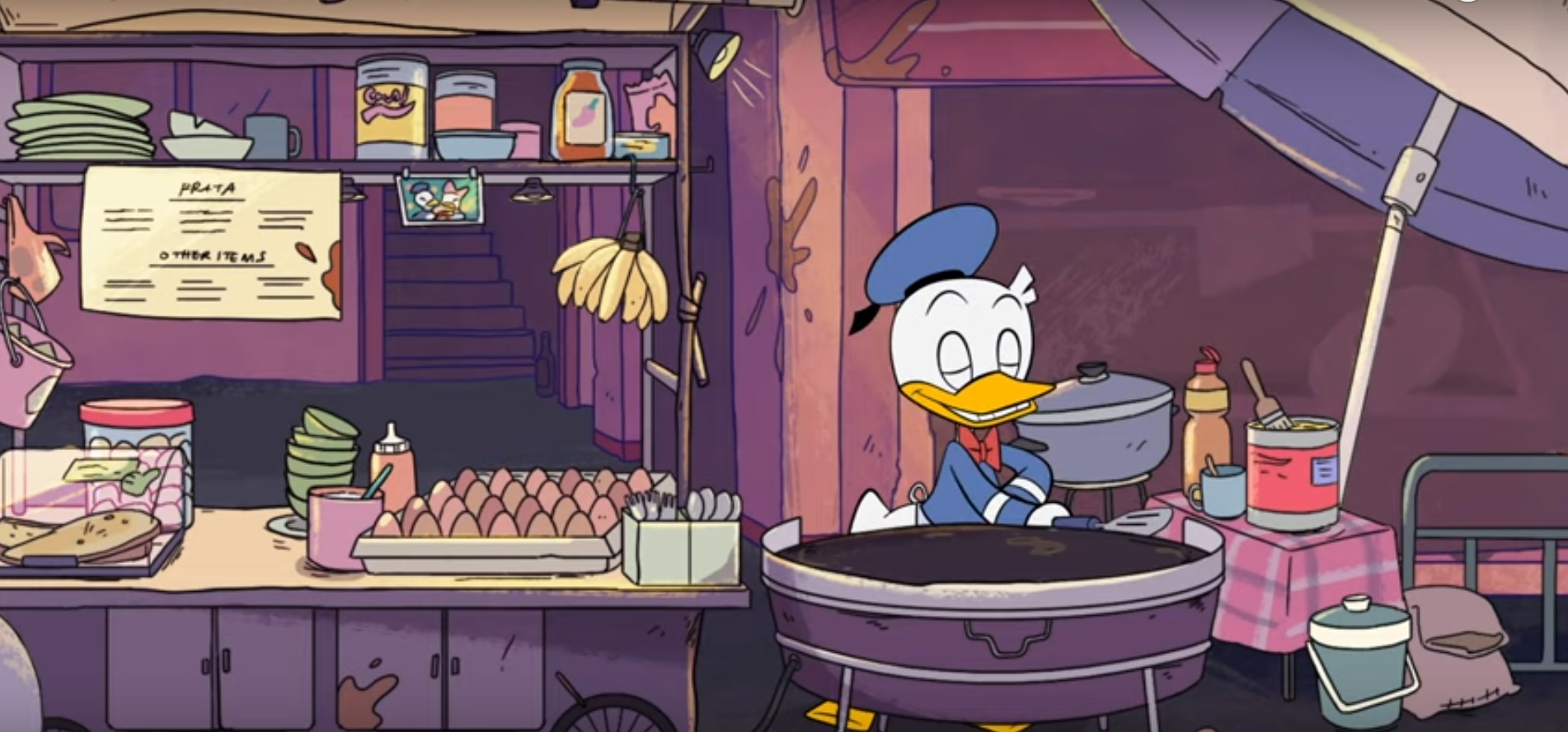 Donald Duck flipping roti canai