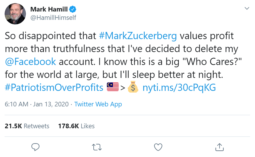 Mark Hamill Malaysia Tweet