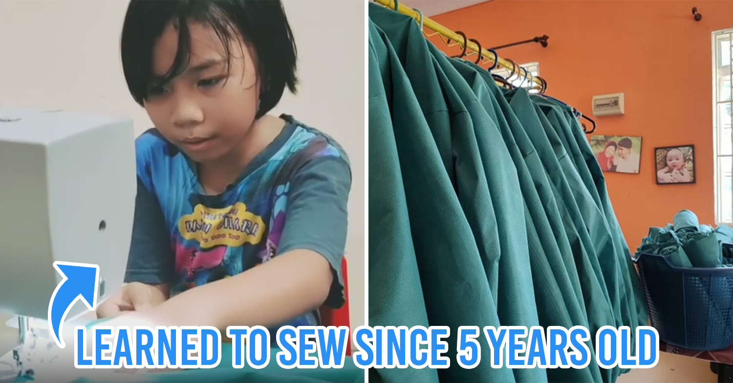 9-year-old girl sews PPE cover pic