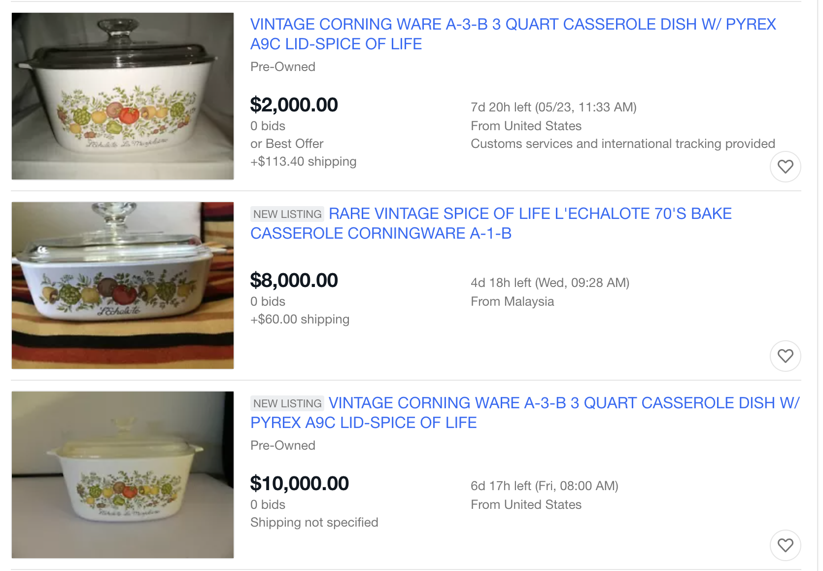 eBay listings for CorningWare