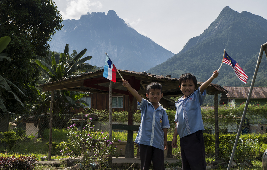 children holding up flags