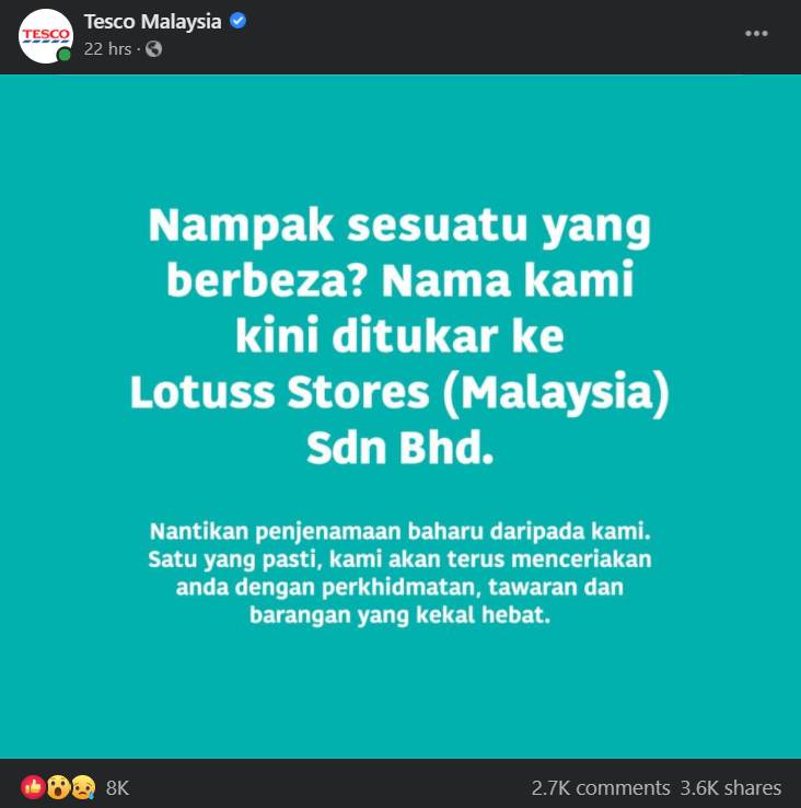 Tesco Malaysia rebrands to Lotuss Stores - Tesco Facebook