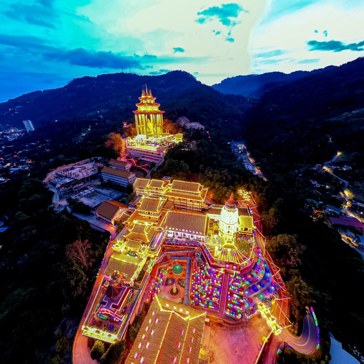 aerial view of Kek Lok Si temple lighted up