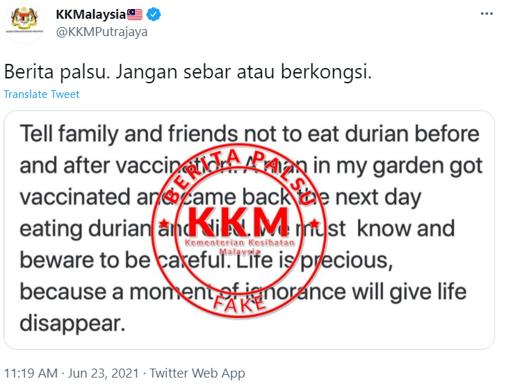 Durian fake news - KKM 