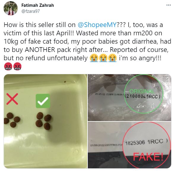 Twitter post about fake cat food