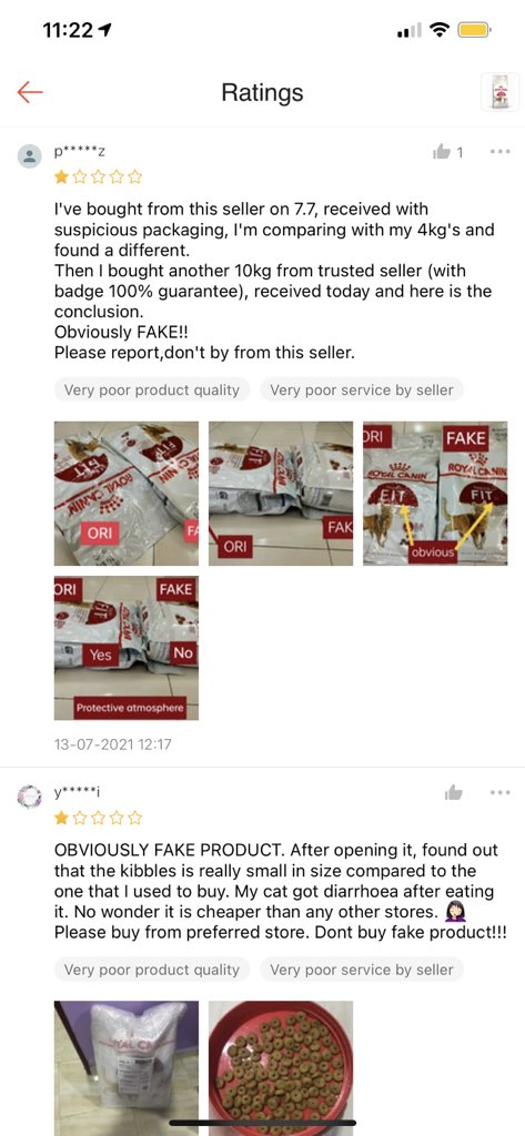 Customer reviews fake Royal Canin on Shopee