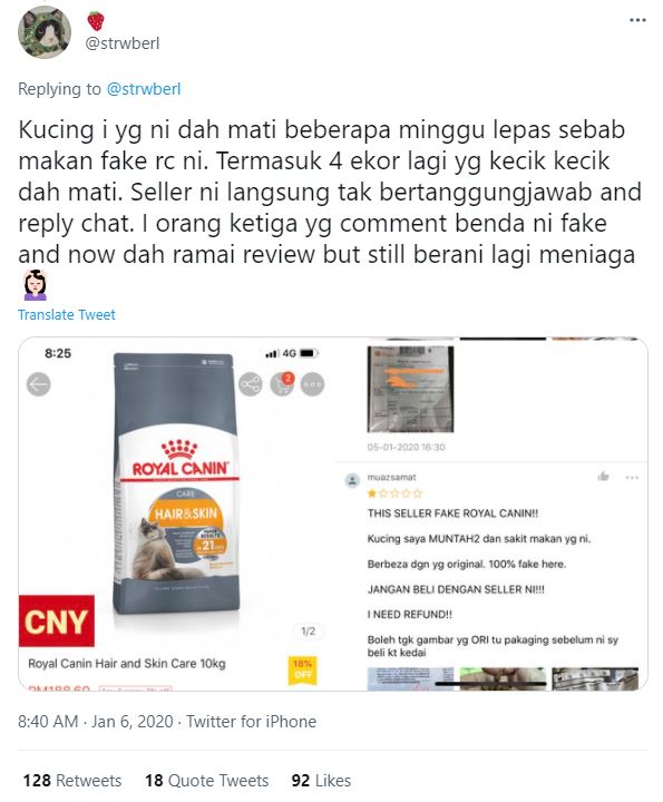 Twitter post about fake Royal Canin