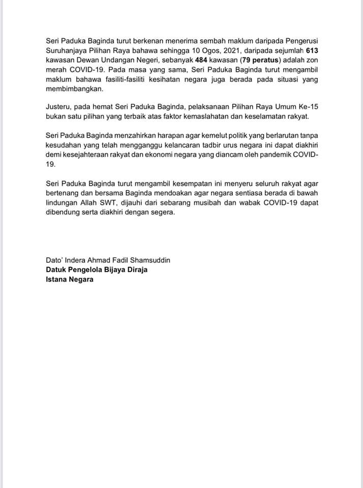 Muhyiddin resigns as Prime Minister - Istana Negara