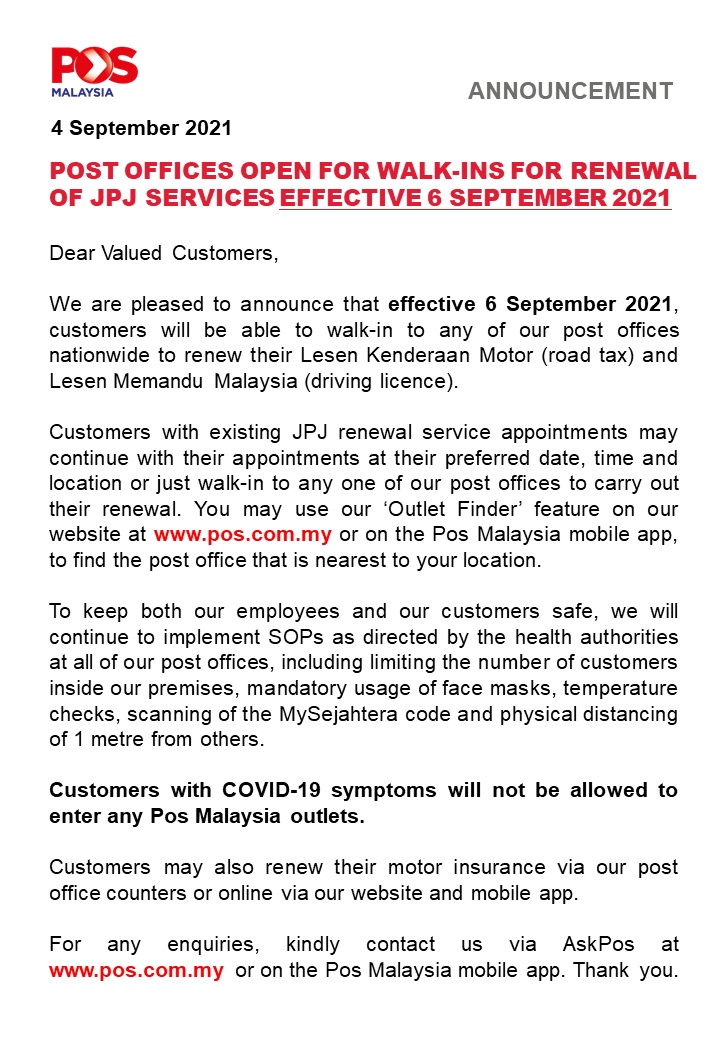 Pos Malaysia walk-in announcement
