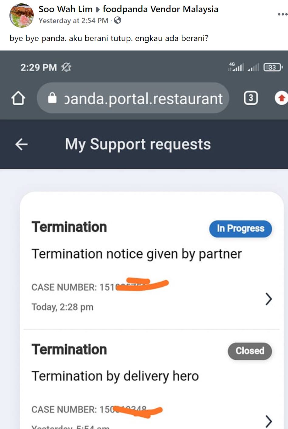 Foodpanda seller giving termination notice