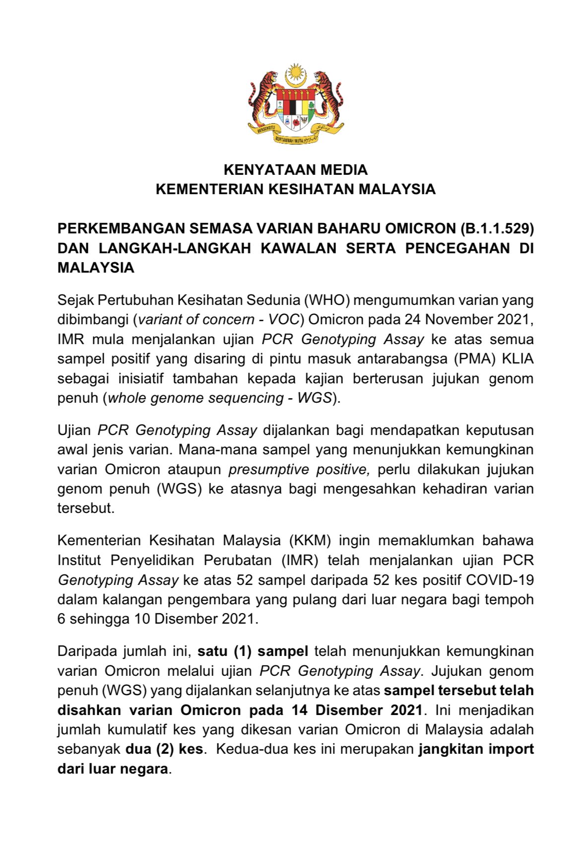 Second Omicron case in Malaysia - statement