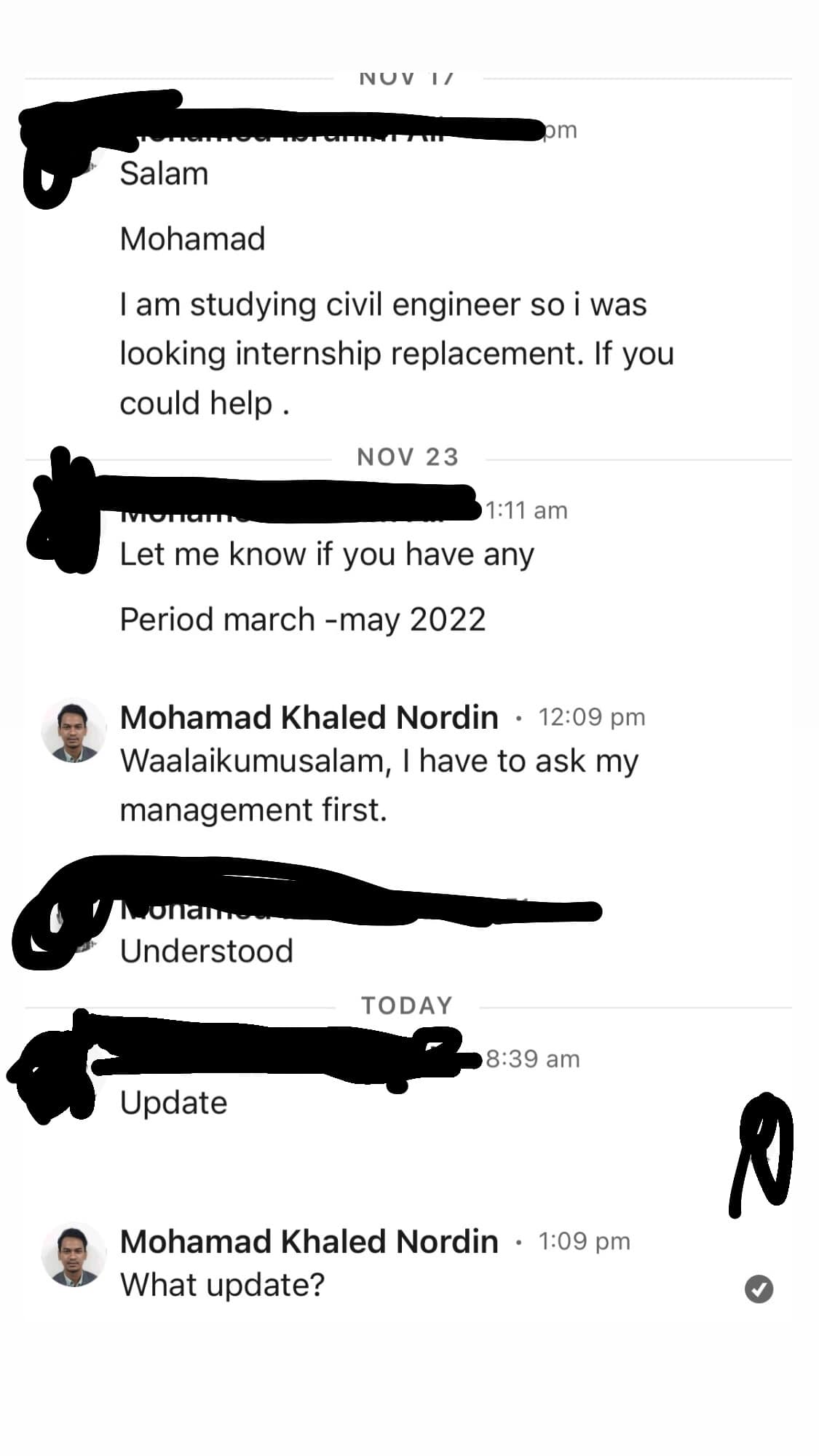 Texts from student seeking internship