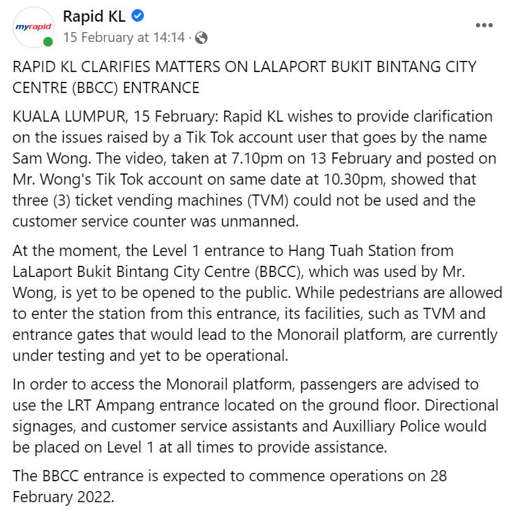 RapidKL's Facebook statement