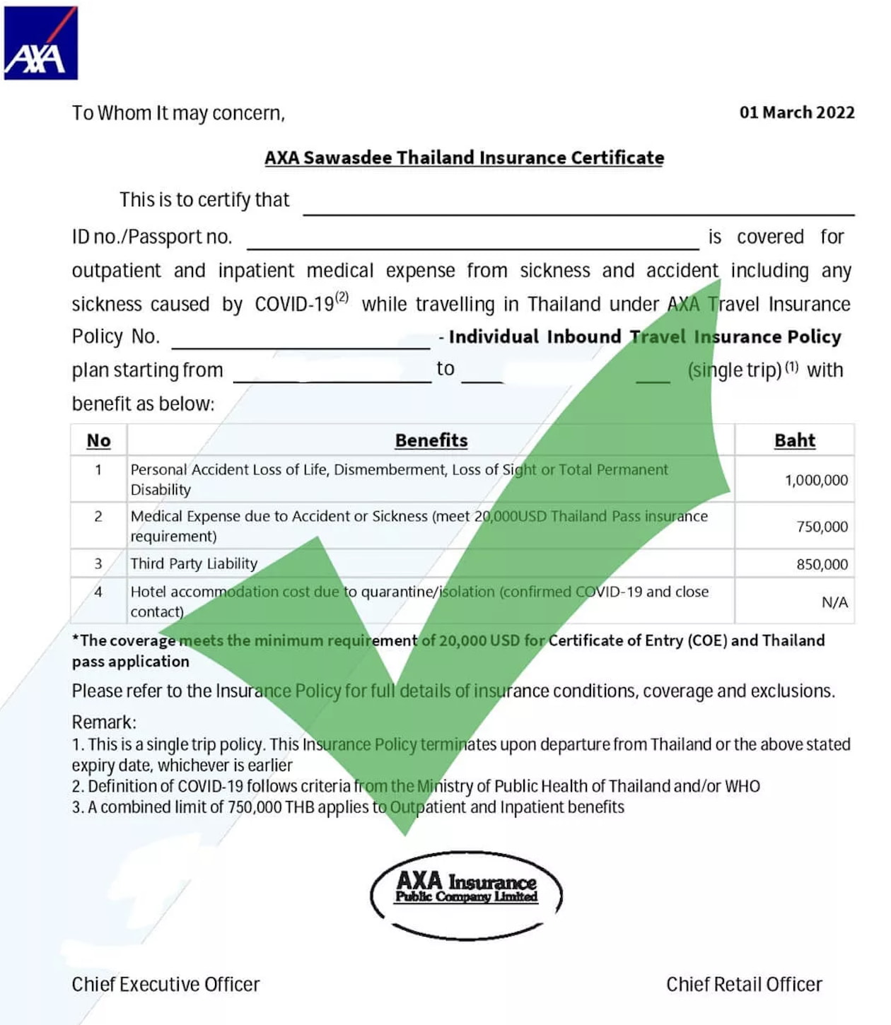 axa sawasdee thailand insurance certificate 2022 sample