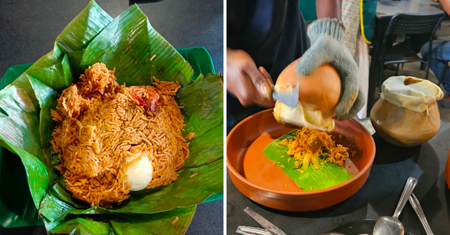 Indian biryani cooked in a claypot and served on banana leaves