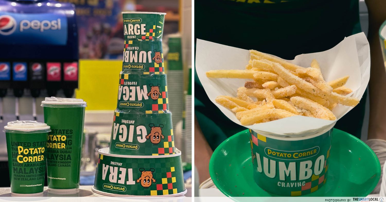 a collage with boxes in five sizes and drinks in two sizes on the left and a Jumbo-sized fries on the right