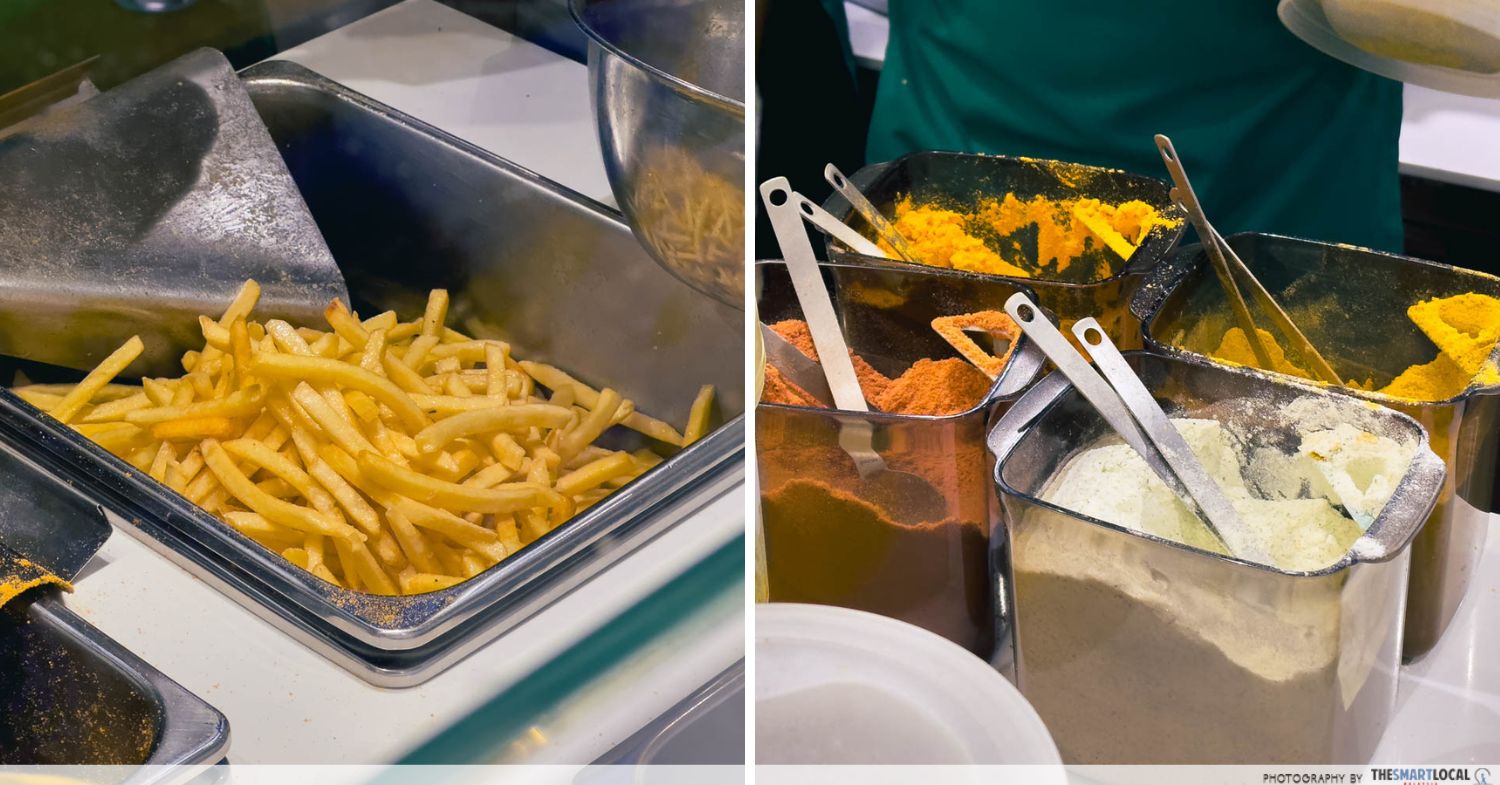 a collage with fries in a tray on the left and 4 containers of seasoning powder on the right