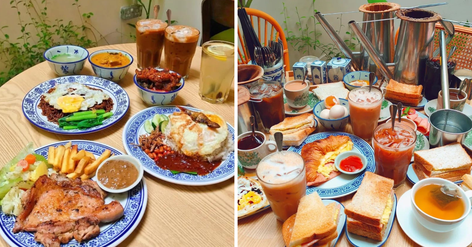 Malaysian local delights on table, such as nasi lemak, hainan toast, curry mee, and coffee