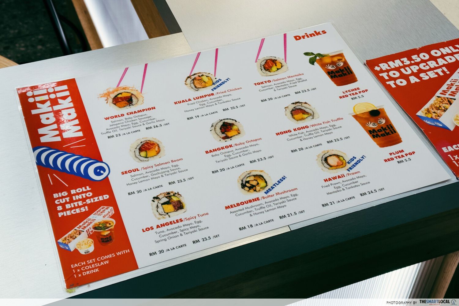 makii makii menu, featuring maki rolls named after big cities