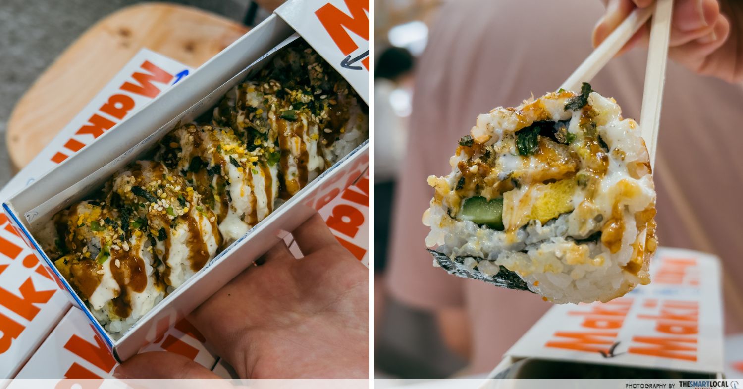 maki rolls with fried chicken, honey lemon mayo, and tonkatsu sauce