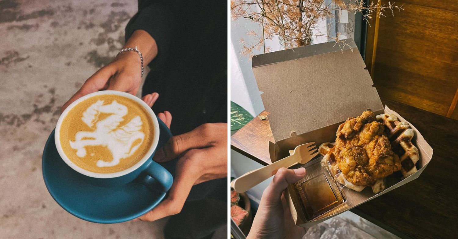 a collage of a cup of coffee latte and fried chicken on a waffle