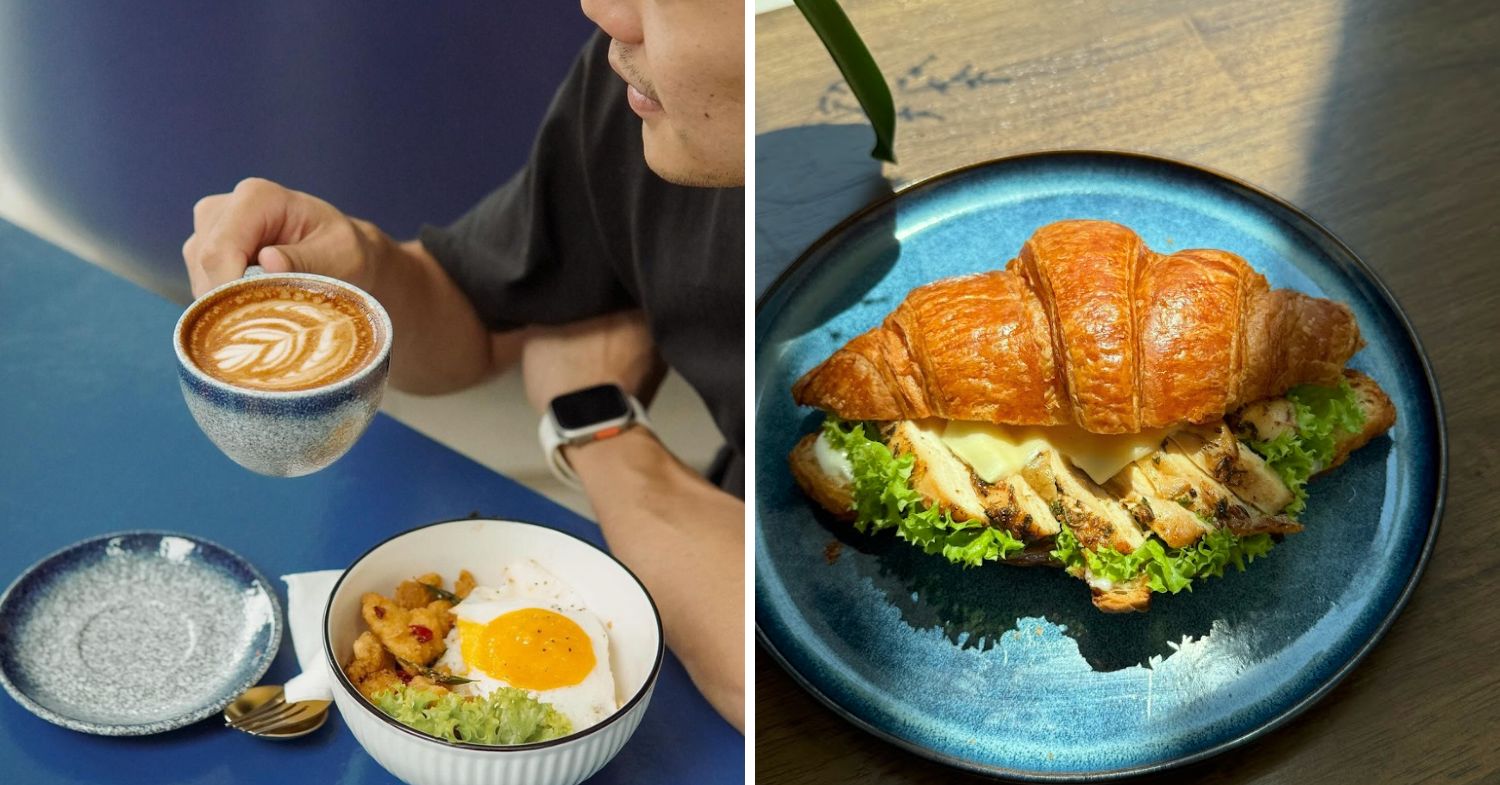 a collage of a man holding a cup of hot latte and a chicken rice bowl on the table. A close up of a croissant filled with grilled chicken, lettuce, and slices of cheese