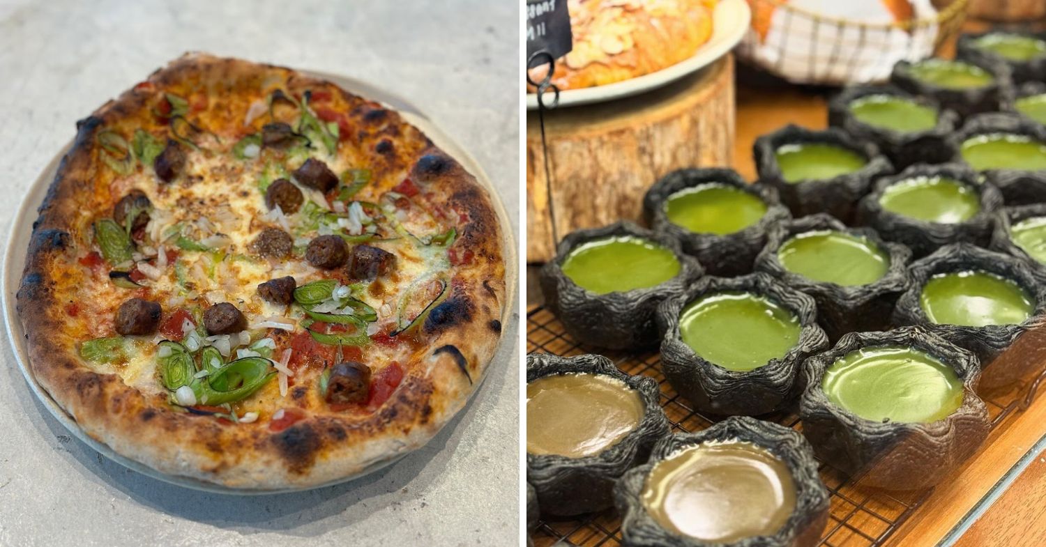 a collage of sourdough pizza and matcha flans in charcoal crusts