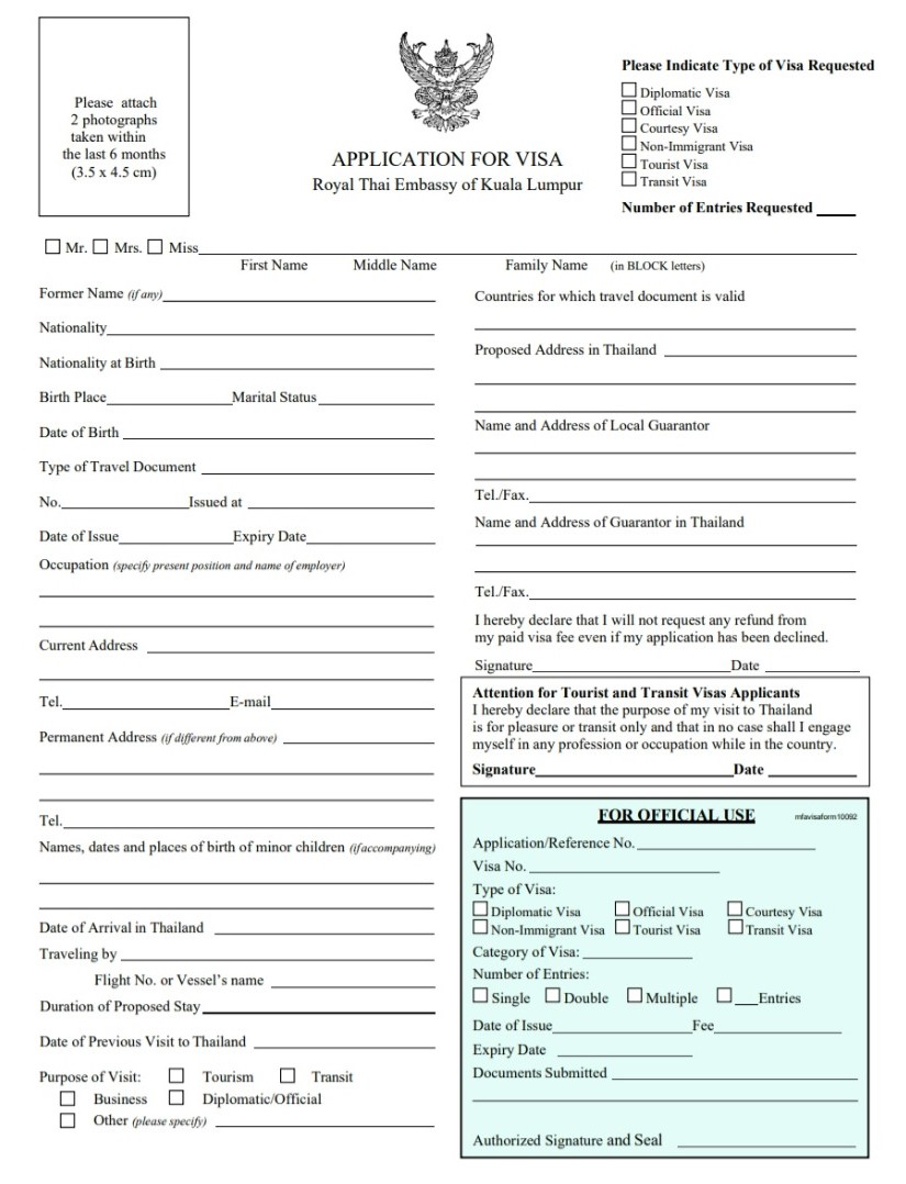 travelling from malaysia to thailand 2024 - application visa form