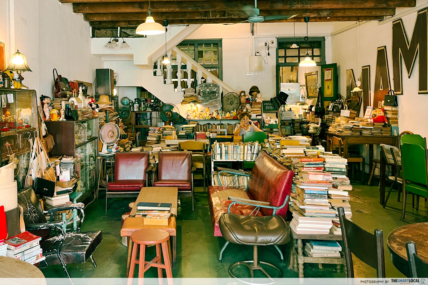 overall interior of the vintage green cafe 