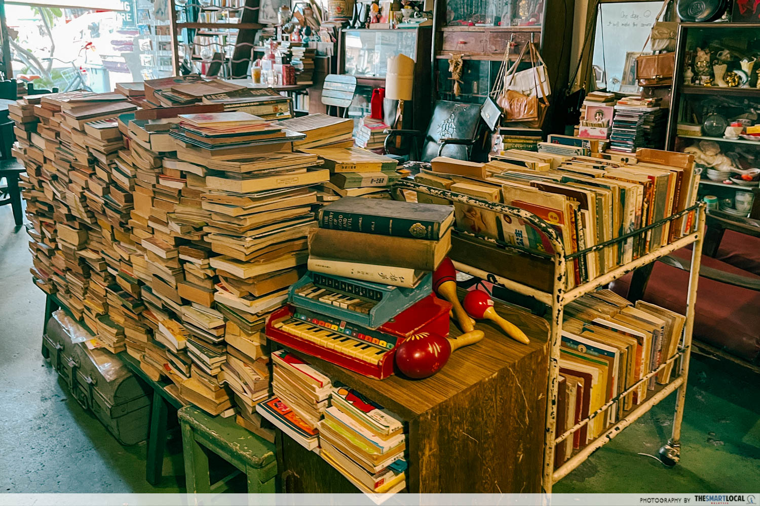 Stack of books at the vintage green cafe