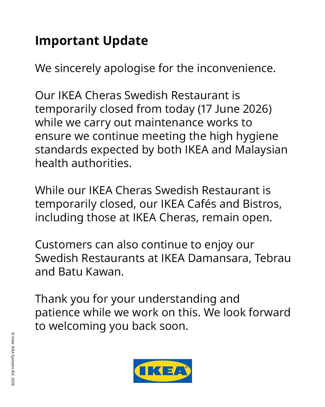 IKEA CHERAS SWEDISH RESTAURANT CLOSURE - STATEMENT
